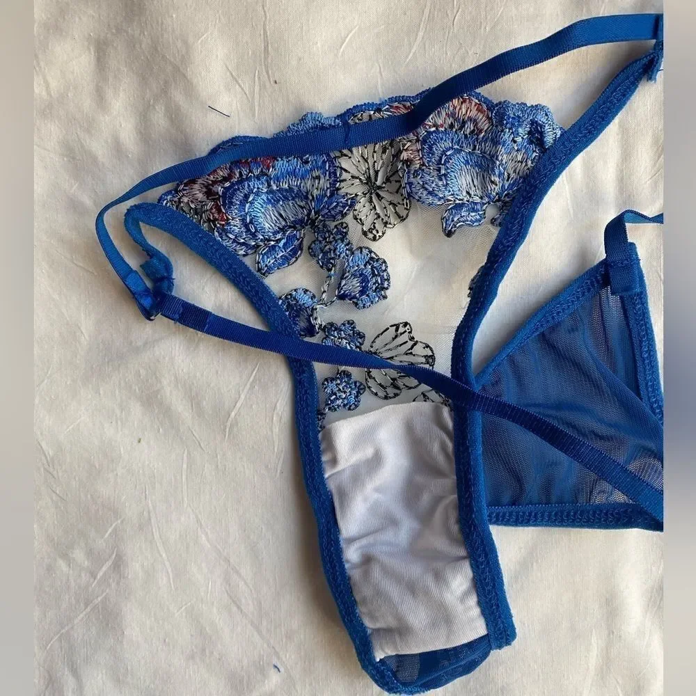 new. blue embroidered lace and tulle bra and thong set,